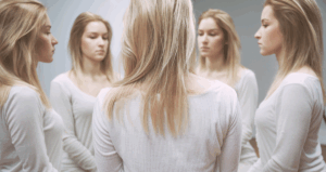 Meerdere spiegelbeelden van een vrouw